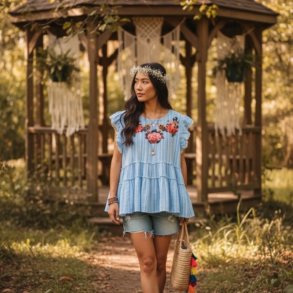 Impressions Women's Blue Striped Ruffle Sleeve‎ Embroidered Top S boho chambray